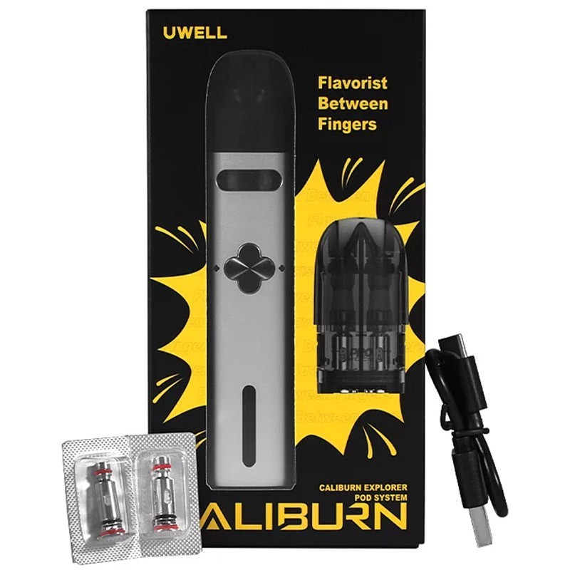 Uwell Caliburn Explorer Pod 32W gümüş renkli cihaz ve aksesuar kutusu.