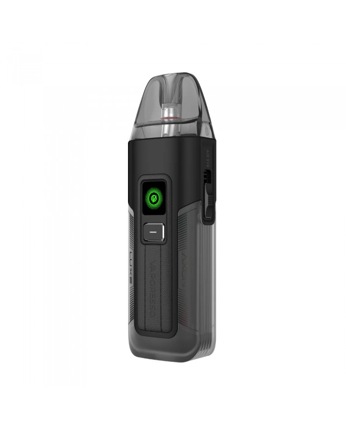 Vaporesso LUXE X2 Pod Siyah, şeffaf gövdeli, yeşil ışıklı elektronik sigara.