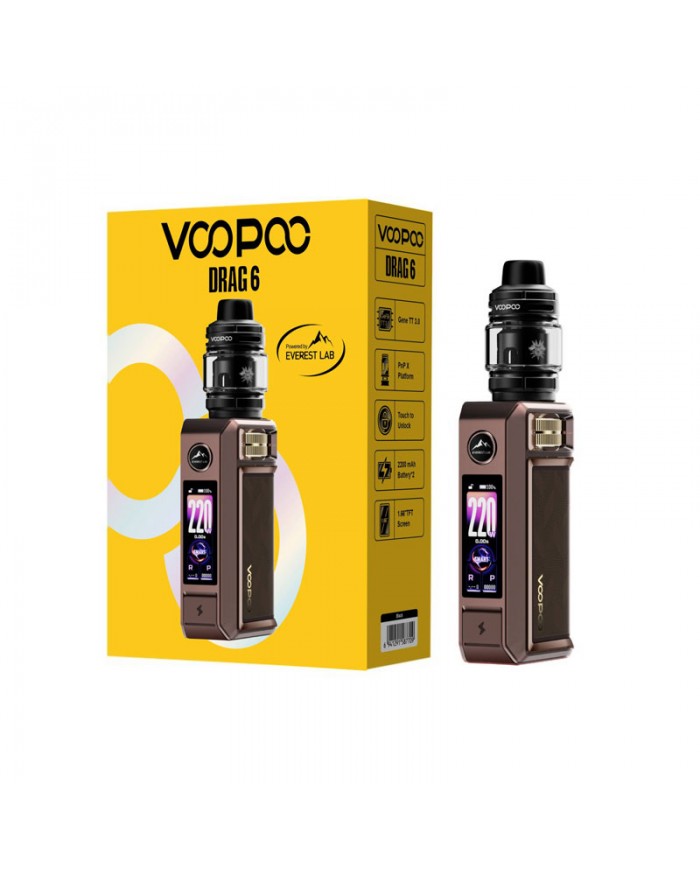 Voopoo Drag 6 Kit kahverengi/bronz elektronik sigara kutusu ve cihazı.